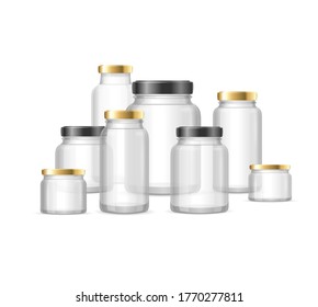 Realistic Detailed 3d Empty Glass Jar Different Sizes Set. Vector illustration of Jars