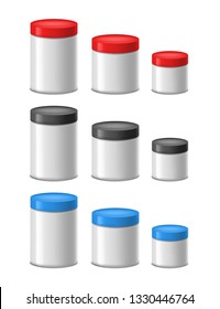 Realistic Detailed 3d Empty Mockup Template White Translucent Plastic Jar and Color Cap Set Different Types. Vector illustration of Mock Up Jars