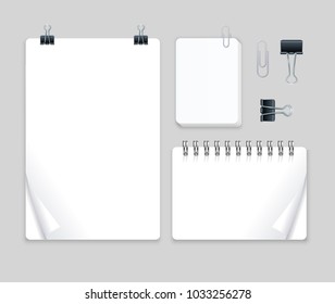 Realistic Detailed 3d Empty Template Note or Stationery Set on Gray Background. Vector illustration of Document Office