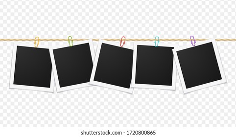 Realistic Detailed 3d Empty Template Photo Frame Hanging on Rope Set on a Transparent Background. Vector illustration