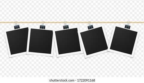 Realistic Detailed 3d Empty Template Photo Frame with Paper Clip Set on a Transparent Background. Vector illustration