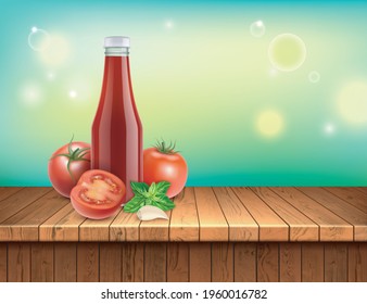 Realistic Detailed 3d Empty Template Red Tomato Ketchup Bottle, Garlic and Basil Leaves on Wooden Table Background Card. Vector illustration of Sauce