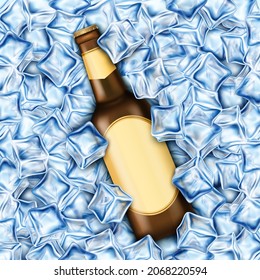 Realistic Detailed 3d Empty Template Mockup Brown Glass Beer Bottle on a Frozen Ice Cubes Background. Vector illustration