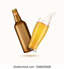 Realistic Detailed 3d Empty Template Mockup Brown Glass Beer Bottle and Golden Beer Transparent Glass Cup Set. Vector illustration