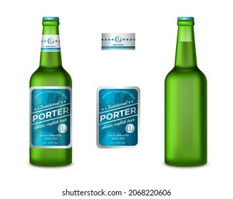 Realistic Detailed 3d Empty Template Mockup Gren Glass Beer Light Bottle and with Labels Set. Vector illustration of Neck Label for Bottles Retail