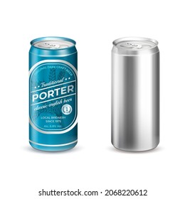 Realistic Detailed 3d Empty Template Mockup Aluminum Can and with Beer Label Set. Vector illustration of Alcohol Beverage