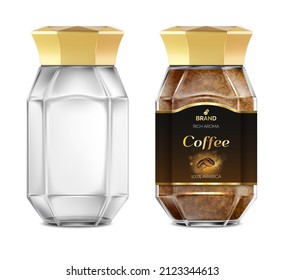 Realistic Detailed 3d Empty Template Mockup and Full Instant Coffee Glass Jar Set. Vector illustration of Container