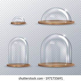 Realistic Detailed 3d Empty Transparent Glass Domes Set Different Shapes and Sizes for Exhibition or Presentation. Vector illustration