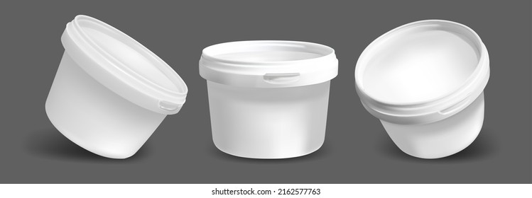 Realistic Detailed 3d Empty White Ice Cream Buckets Set. Vector illustration of Plastic Container for Icecream