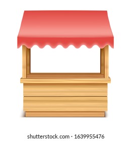 Realistic Detailed 3d Empty Wooden Market Stall with Red Roof Awning for Street Grocery, Market. Vector illustration