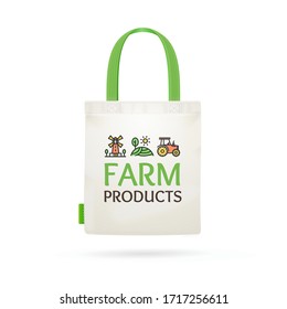 Realistic Detailed 3d Fabric Cloth Tote Bag and Thin Line Icon Farm Products Concept. Vector illustration