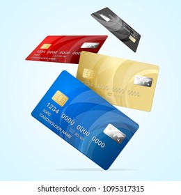 Realistic Detailed 3d Falling Color Business Credit Plastic Card Set Finance Technology for Web Design. Vector illustration of Cards