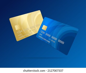 Realistic Detailed 3d Falling Different Credit Debit Card Mockup Set on a Blue. Vector illustration of Plastic Cards