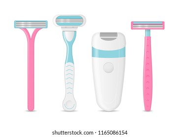 Realistic Detailed 3d Female Shaving Razor Mockup Set Tool for Depilation. Vector illustration of Personal Accessory for Women