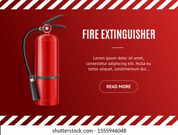 Realistic Detailed 3d Fire Extinguisher Concept Banner Horizontal on a Red and Place for Text. Vector illustration