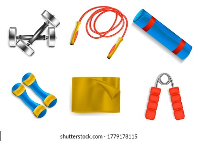 Realistic Detailed 3d Fitness Equipment Set Include of Dumbbell, Mat, Skipping Rope and Barbell . Vector illustration