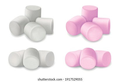 Realistic Detailed 3d Fluffy Marshmallows Set Sweet Food Dessert Concept. Vector illustration of Pink and White Marshmallow