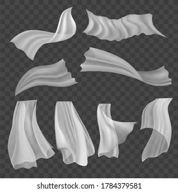 Realistic Detailed 3d Fluttering White Cloths Set on a Transparent Background. Vector illustration of Drapery Cloth Curtain