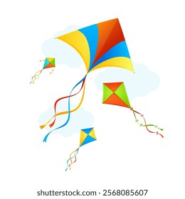 Realistic Detailed 3d Flying Kite Toy on a Sky Background Summer Concept. Vector illustration of Kites in Air