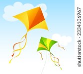 Realistic Detailed 3d Flying Kites and Clouds on a Blue Sky Freedom and Game Concept. Vector illustration