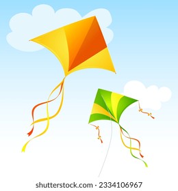 Realistische, detaillierte 3d Flying Kites und Wolken auf einem Blue Sky Freedom and Game Concept. Vektorgrafik