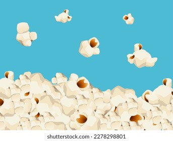 Realistic Detailed 3d Flying Salted Popcorn Background on a Blue Fast Food for Film Movie Concept. Vector illustration of Cinema Snacks