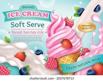 Realistic Detailed 3d Forest Berries Mix Ice Cream Cone Soft Serve Ads Banner Concept Poster Card. Vector illustration of Icecream