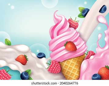 Realistic Detailed 3d Forest Berries Mix Ice Cream Cone Soft Serve Concept Card Background on a Blue. Vector illustration