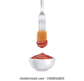 Realistic Detailed 3d Fork with Chicken Nugget and Ketchup White Bowl Fast Food Concept. Vector illustration