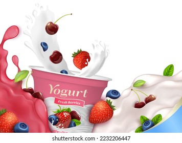 Realistic Detailed 3d Fresh Berries Yogurt Packaging Container with Splash Isolated on a White Background. Vector illustration