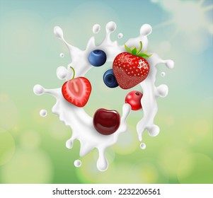 Fresas realistas y detalladas en 3d con salpicaduras de leche o yogur en un fondo borroso. Ilustración del vector