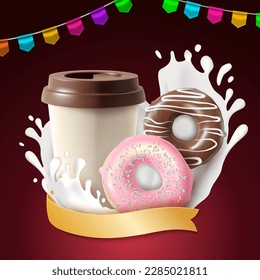 Realistic Detailed 3d Fresh Donuts Enjoy a Delicious Dessert Concept Background. Vector illustration of Coffee Cup Takeaway and Doughnut