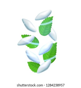 Realistic Detailed 3d Fresh Green Mint Leaves and Mints Gum Isolated on a White Background Refreshing Concept Card. Vector illustration