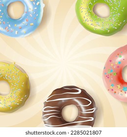 Realistic Detailed 3d Fresh Hot Donuts Concept Background. Vector illustration of Donut with Lime, Banana, Chocolate, Blueberry and Strawberry Taste