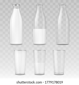 Realistic Detailed 3d Fresh Milk Bottle and Glass Set on a Transparent Background Empyu and Full View. Vector illustration