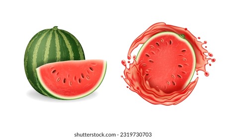 Realistic Detailed 3d Fresh Whole Watermelon Fruit and Half with Splash Isolated on a White Background. Vector illustration