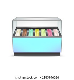 Realistic Detailed 3d Fridge for Ice Cream for Showcase Shop and Store. Vector illustration of Refrigerator Gelato or Icecream