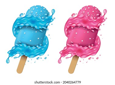 Realistic Detailed 3d Fruit Sorbet Ice Cream and Splashes Set. Vector illustration of Blue and Pink Icecream