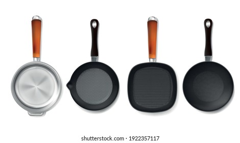 Realistic Detailed 3d Frying Pan Set Kitchen Utensil for Cooking. Vector illustration of Pans with Handle