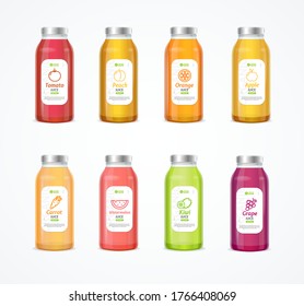 Realistic Detailed 3d Full Juice Color Bottle with Lables or Emblems Set. Vector illustration of Bottles