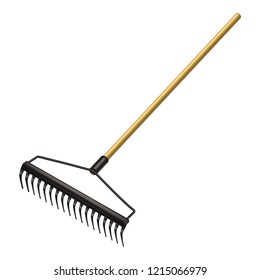 Realistic Detailed 3d Garden Tool Rake with a Long Wooden Handle and Sharp Metal Teeth. Vector illustration