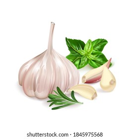 Realistic Detailed 3d Garlic, Rosemary and Basil Set Ingredients for Cooking. Vector illustration of Spice Concept