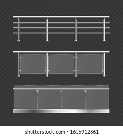 Realistic Detailed 3d Glass Balustrade or Barrier with Metal Handrails Set Construction Frame for Architecture Design. Vector illustration of Border svg