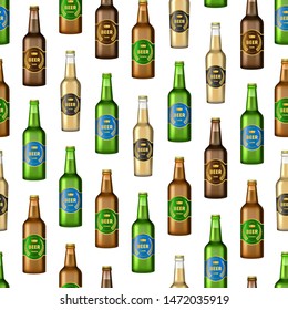 Realistic Detailed 3d Glass Beer Bottles Seamless Pattern Background on a White with Labels. Vector illustration of Alcohol Drink