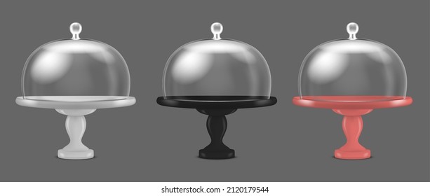 Realistic Detailed 3d Glass Cake Stand with Dome Lid Set. Vector illustration of Tray with Transparent Cover svg