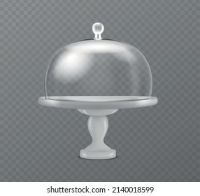 Realistic Detailed 3d Glass Cake Stand with Dome Lid. Vector illustration of White Tray with Transparent Cover