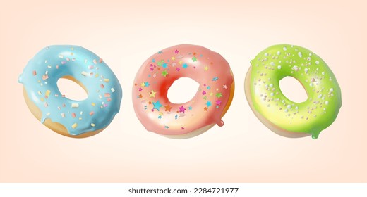 Realistic Detailed 3d Glazed Donut with Lime, Blueberry and Strawberry Taste Set. Vector illustration of Doughnut