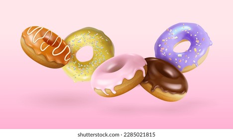 Realistic Detailed 3d Glazed Donut Set with Banana, Chocolate, Blueberry, Strawberry and Caramel Taste Flying Effect. Vector illustration of Doughnut