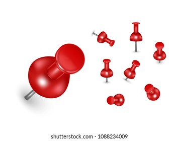 Realistic Detailed 3d Glossy Red Push Pins Different Angles Set Element Business Stationery. Vector illustration of Pin Tool Macro View