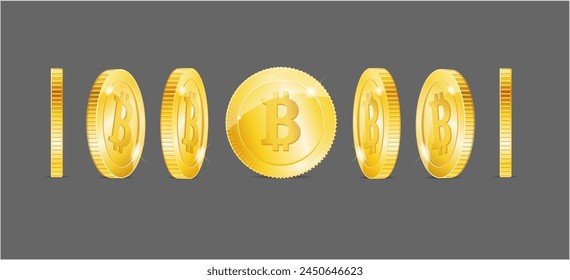 Realistic Detailed 3d Gold Bitcoin Animation Set Finance Concept. Vector illustration of Coin at Different Angles